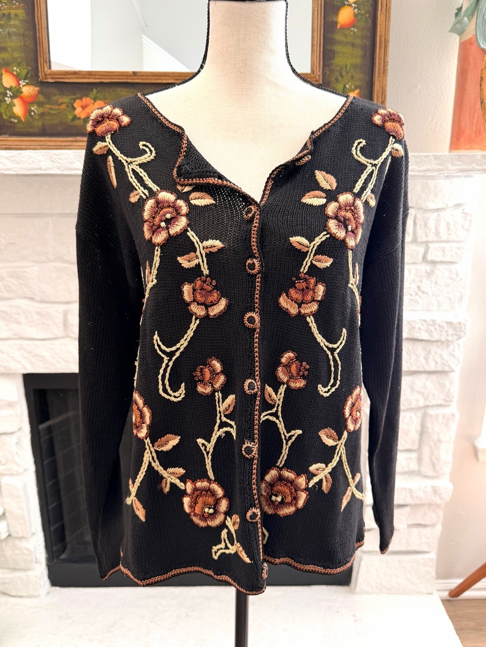 Vintage 1998 Tiara International Embroidered Beaded Cardigan Black Floral